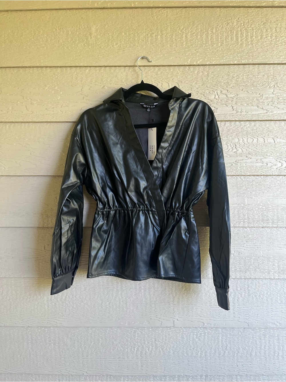 NWT Strut & Bolt Black Faux Leather Wrap Peplum Blouse Medium